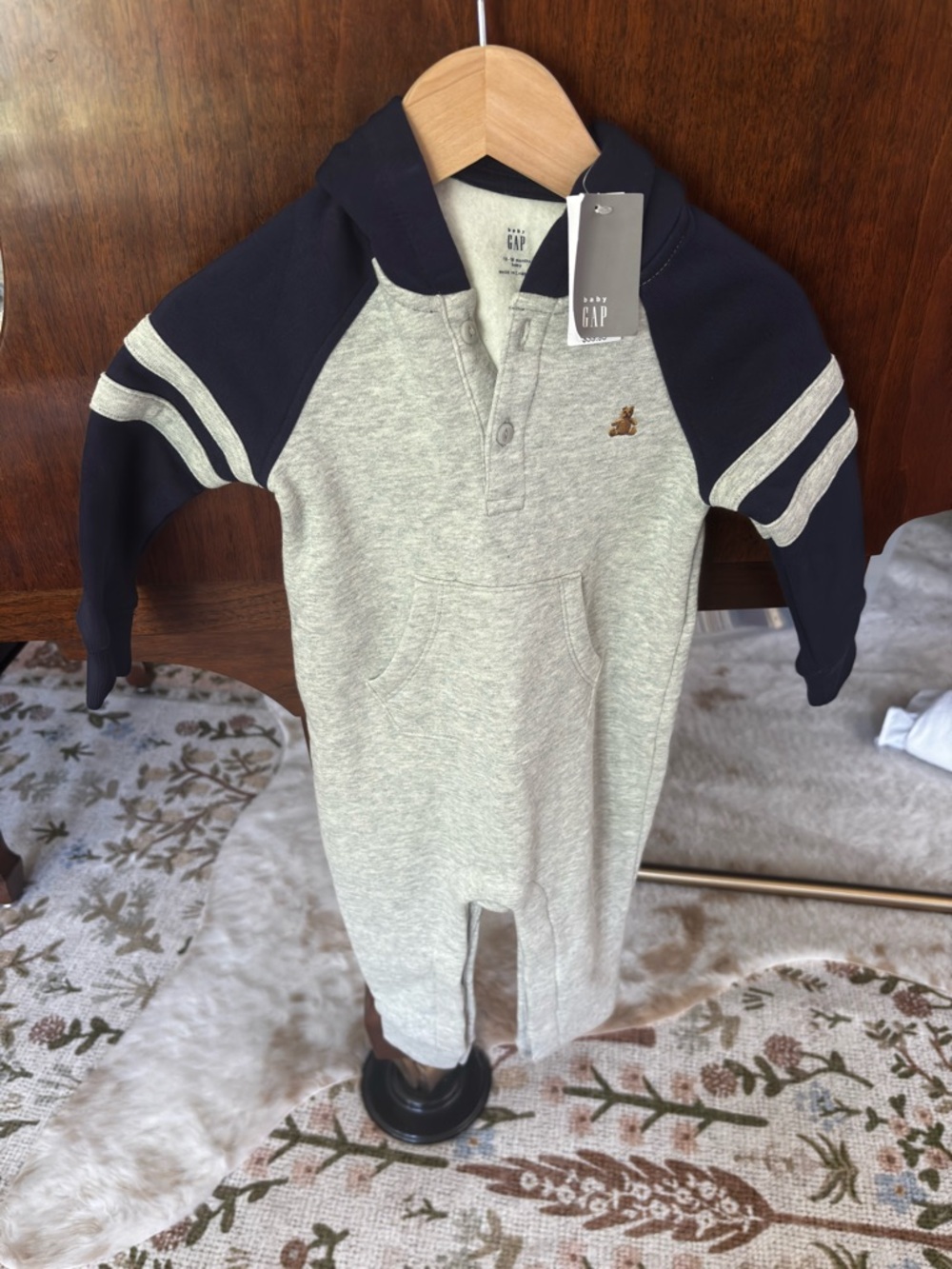 GAP Heather Gray and Navy Hooded Baby Romper